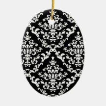 Black and White Damask Pattern Christmas Tree Ornaments