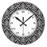 Black and White Damask Pattern Round Wall Clocks