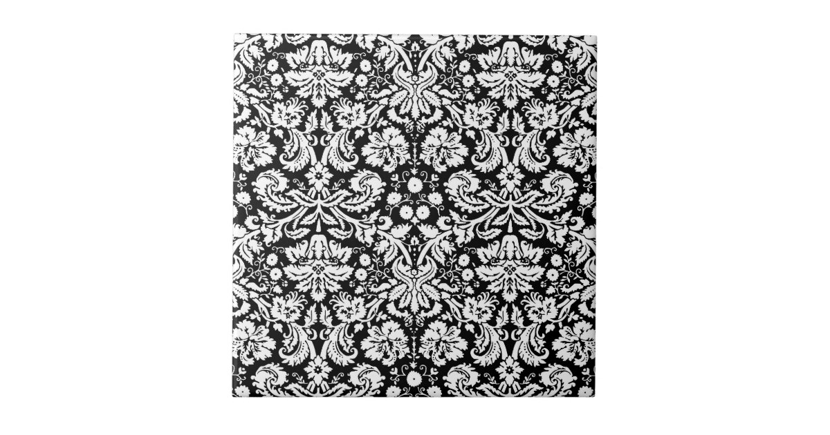 Black and white damask pattern tile Zazzle