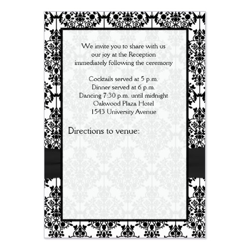 Black and White Damask Reception Card Business Card Templates (back side)