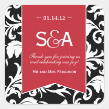 Black and White Damask - Red Accent Favor Stickers