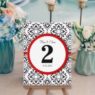 Black and White Damask Red Trim Table Number