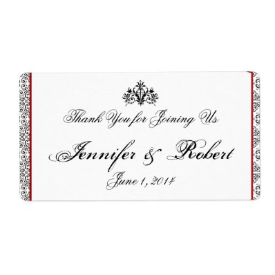 Black and White Damask Red Water Bottle Label