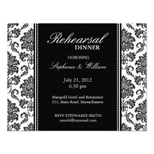 Black and White Damask Rehearsal Dinner Card Custom Announcements (front side)