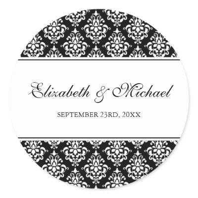 Black and White Damask Round Wedding Favor Label Round Stickers