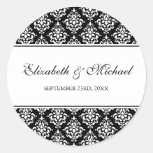 Black and White Damask Round Wedding Favor Label Round Stickers