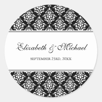 Black and White Damask Round Wedding Favor Label Round Stickers