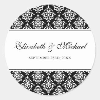 Black and White Damask Round Wedding Favor Label Round Stickers