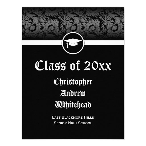 Black and White Damask School Graduation Invites (front side)