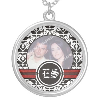 Black and white damask silver photo pendant necklace
