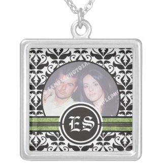 Black and white damask silver photo pendant necklace