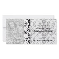 black and white damask swirl photo card