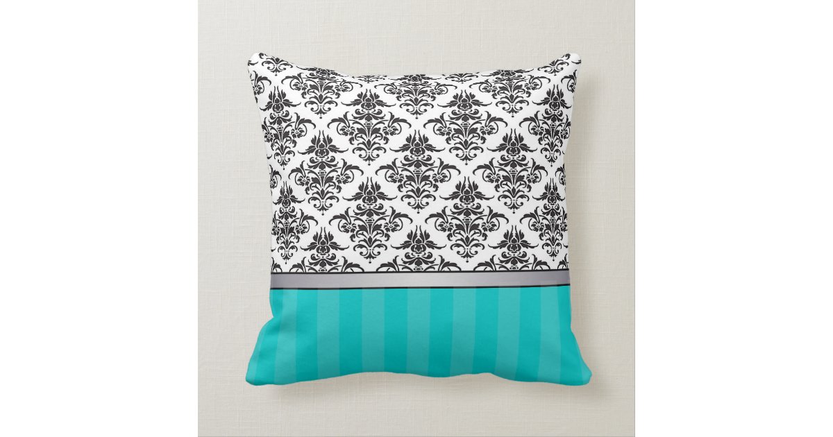 Black and White Damask throw pillow turquoise Zazzle