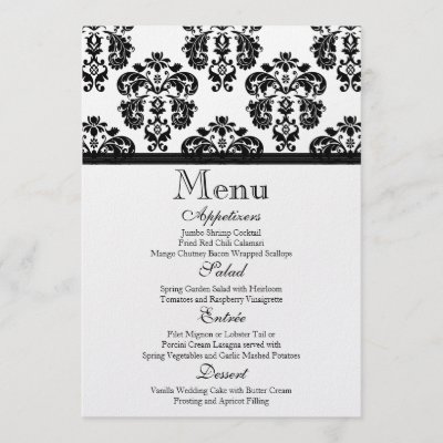Black and White Damask Wedding Menu Card Personalized Invitations by