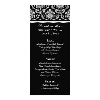 Black and White Damask Wedding Menu Rack Card
