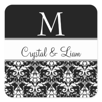 BLACK and WHITE Damask Wedding Monogram Sticker sticker