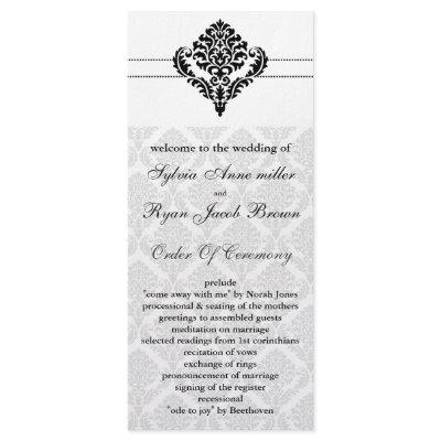"black and white" damask Wedding program Rack Card Design