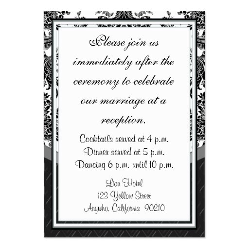 Black and White Damask Wedding Reception Cards Business Card Template (back side)