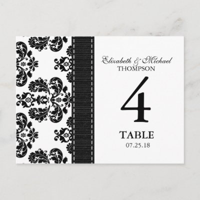 Black and White Damask Wedding Table Number Card Postcards by 
