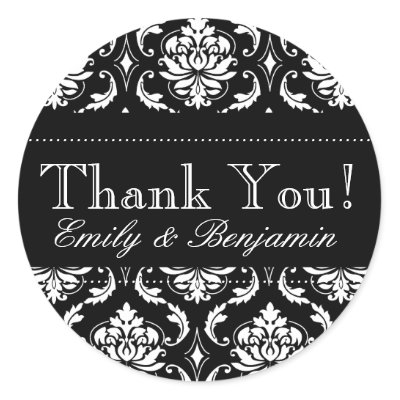 Black and White Damask Wedding Thank You Stickers