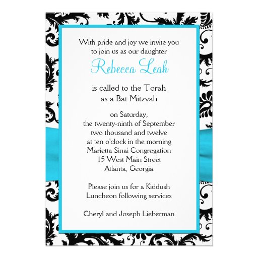 Black and White Damask with Aqua FAUX Ribbon Invites