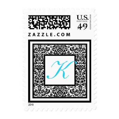 Black and White Damask with Aqua Monogram Postage