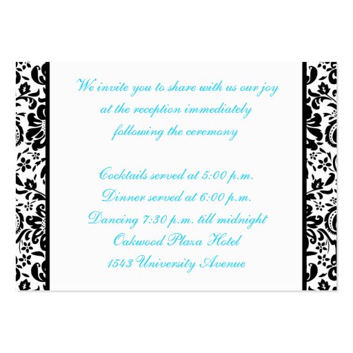 Black and White Damask with Blue Enclosure Card Business Cards (back side)