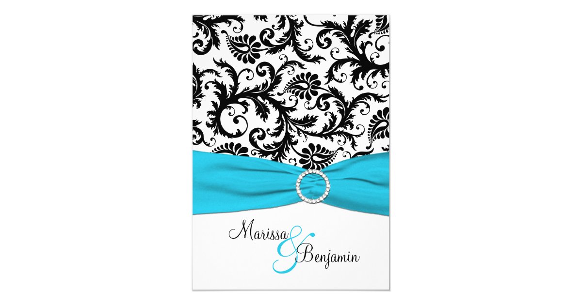 Black and White Damask with Blue Faux Ribbon Card Zazzle