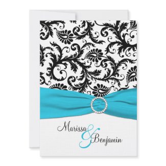 Black and White Damask with Blue Faux Ribbon invitation