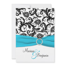 Black and White Damask with Blue Faux Ribbon Custom Invites
