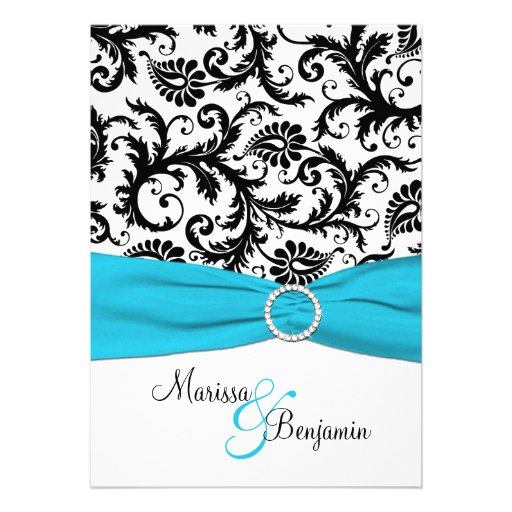 Black and White Damask with Blue Faux Ribbon Custom Invites