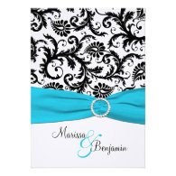 Black and White Damask with Blue Faux Ribbon Custom Invites