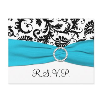 Black and White Damask with Blue RSVP Postcard postcard