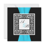 Black and White Damask with FAUX Blue Ribbon Personalized Announcements