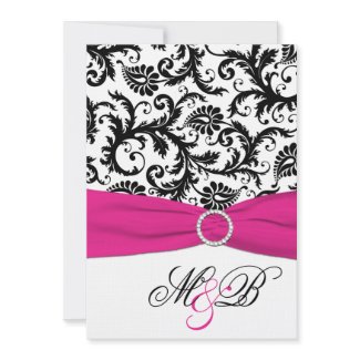 Black and White Damask with Fuchsia Faux Ribbon invitation