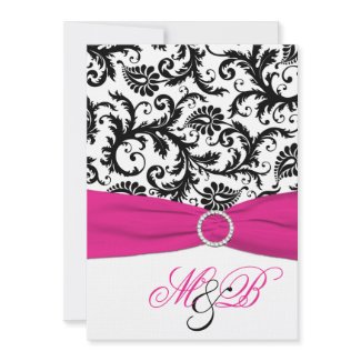 Black and White Damask with Fuchsia Faux Ribbon invitation