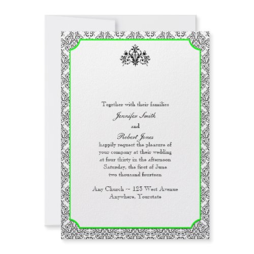 Black and White Damask with Lime Accent Invitation invitation