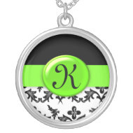 Black and White Damask with Lime Green Monogrammed necklace