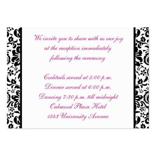 Black and White Damask with Pink Enclosure Card Business Card Template (back side)