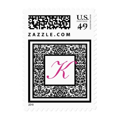 Black and White Damask with Pink Monogram Postage