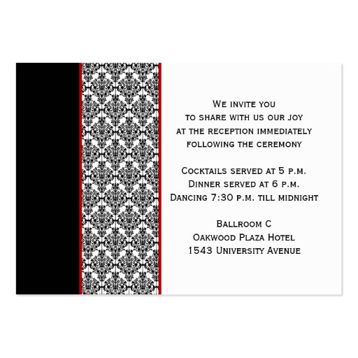 Black and White Damask with Red Enclosure Card Business Card (back side)