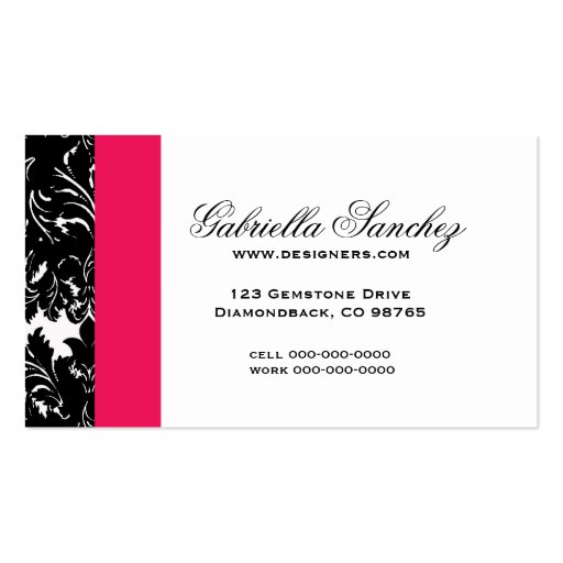 Black and White Damask with Red Magenta Name Plate Business Card Template (back side)