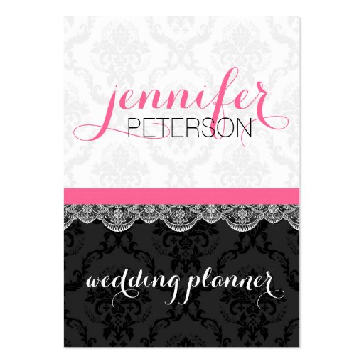 Black And White Damasks And Lace Wedding Planer Business Card (front side)