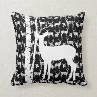 Black and White Deer Birch Forest Throw Pillow