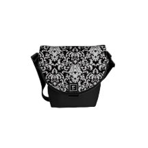 Black and White Elegant Damask Messenger Bags