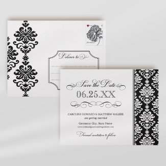 Black and White Elegant Damask Save the Date postcard
