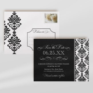 Black and White Elegant Damask Save the Date postcard