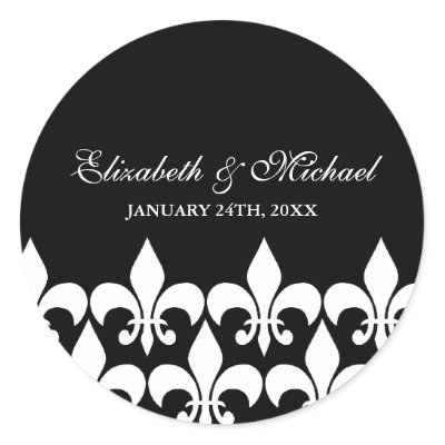 Black and White Fleur de Lis Wedding Favor Label Round Sticker