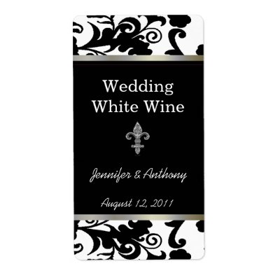 Black and White Fleur Di Lys Wedding Wine Labels by DizzyDebbie