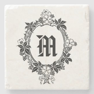Black and White Floral Border with Monogram Stone Coaster